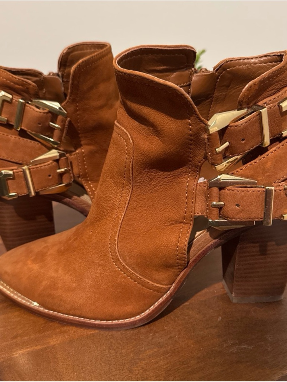 Gianni Bini Cognac Suede Ankle Booties with Gold Buckles